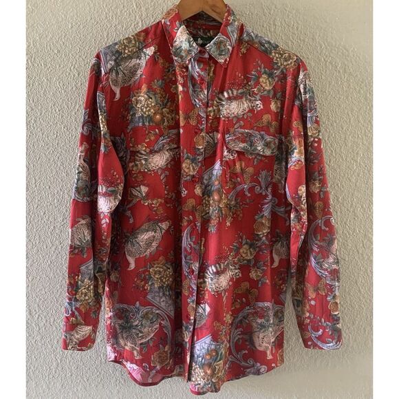 Hunt Club Women's Medium Red Nature Themed Collared Long Sleeve Button Up Top - Picture 2 of 16